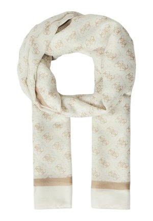 Eșarfă crem cu un model repetat de monogramă în nuanță de bej deschis, având accente de margine în nuanță de bej pe lângă margini.
