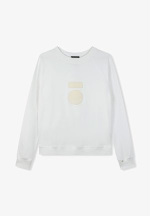 Witte sweatshirt van zacht materiaal, met een gestructureerd abstract ontwerp in beige. Inclusief raglanmouwen en een geribbelde zoom.