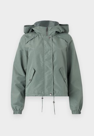 Green windbreaker jacket made of smooth, lightweight fabric. Features a hood, zip closure, and side pockets with elasticated cuffs.
