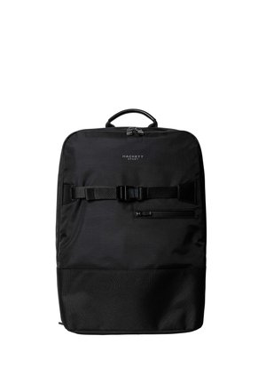 Black rectangular backpack with top handle, front buckle strap, small zip pocket, and "Hackett Sport" logo on upper front.
