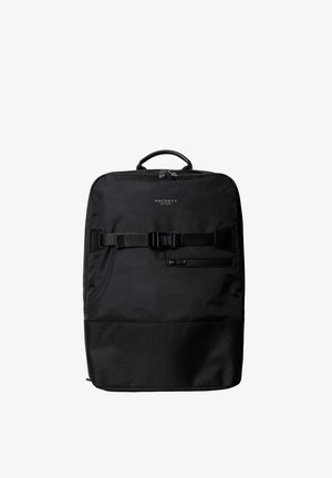 Black rectangular backpack with top handle, front buckle strap, small zip pocket, and "Hackett Sport" logo on upper front.