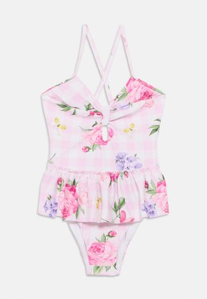 One-piece swimsuit in pink gingham pattern, featuring floral prints in pink, purple, and yellow, with a ruffled hem and crisscross straps.