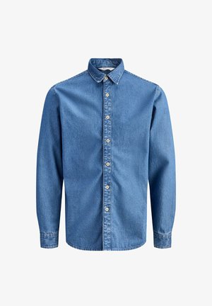 Hosszú ujjú kék farmering gallérral és gombos elülső résszel, fehér háttér előtt elhelyezve.