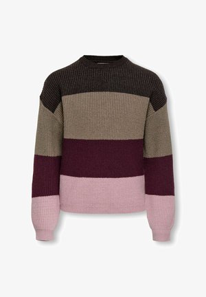 Kraftig strikket sweater med brede vandrette striber i mørkebrun, beige, burgunder og pink, med rund halsudskæring og lange ærmer.