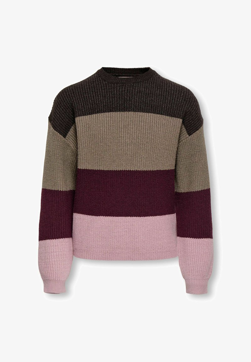 Pull en grosse maille avec larges rayures horizontales en marron foncé, beige, bordeaux et rose, avec un col rond et des manches longues.