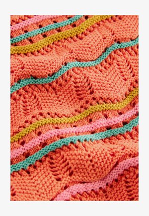 Knit textile with a wavy pattern in bright coral, featuring horizontal stripes of green, yellow, pink, and blue, showcasing a textured design.