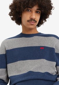 Gestreepte trui in een marineblauwe en grijze wolmix, met een ribbelnekkraag en -zoom, voorzien van een kleine rode logoaccent op de borst.