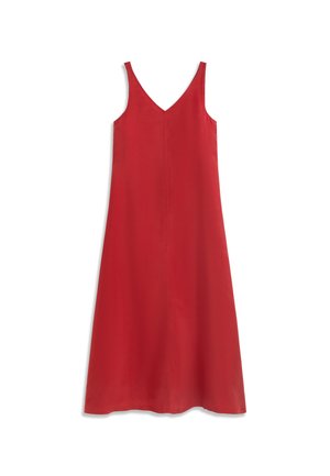 Robe midi rouge sans manches avec un décolleté en V et une silhouette évasée, présentée sur un fond blanc.