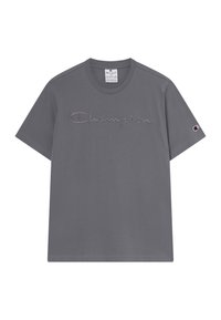 Szara krótki rękaw T-shirt Champion z tonalnym haftowanym logo na piersi i małym haftowanym logo na lewym rękawie. Okrągły dekolt.