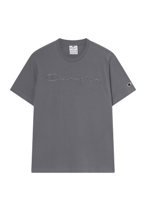 Gray short-sleeve Champion T-shirt with tonal embroidered logo across chest and small embroidered logo on left sleeve. Crew neck.