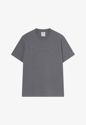 Gray short-sleeve Champion T-shirt with tonal embroidered logo across chest and small embroidered logo on left sleeve. Crew neck.