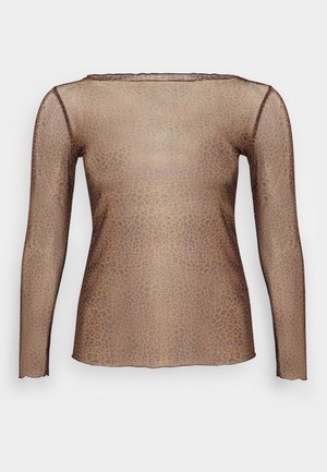 Maglia a maniche lunghe in tessuto trasparente con design a stampa leopardo, caratterizzata da un colletto a girocollo e una silhouette aderente. I colori predominanti sono il marrone e il beige.