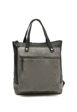 Gray and black leather tote bag with two handles and a front zippered pocket on a white background.