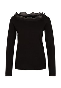 Svart långärmad topp med en figurnära silhuett och volang av genomskinligt tyg runt den breda halsringningen.