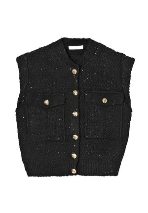 Gilet noir sans manches en tissu texturé, parsemé de paillettes dorées, avec deux poches avant et une fermeture à boutons au centre.