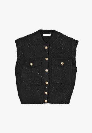 Gilet noir sans manches en tissu texturé, parsemé de paillettes dorées, avec deux poches avant et une fermeture à boutons au centre.
