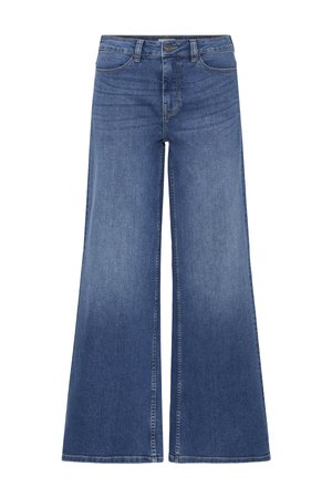 Dámske modré denimové rifle so širokými nohavicami, predným zapínaním na gombíky a zips, pútkami na opasok a vreckami.