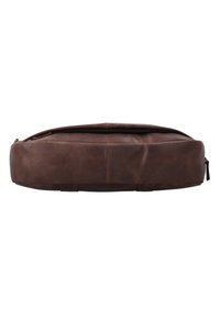 Brown leather bag, flat design with a slightly curved top, zippered closure, textured surface, and minimalistic accents.