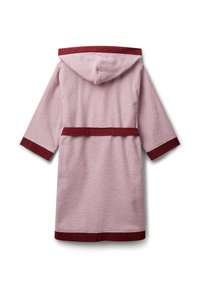 Accappatoio rosa con cappuccio e finitura testurizzata, caratterizzato da dettagli color bordeaux sui polsini, sull'orlo e sulla cintura. Design semplice e classico.