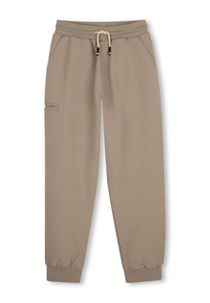 Pantalon de jogging beige avec taille élastique, cordon, poches latérales, une poche zippée sur la jambe gauche et des chevilles élastiques.