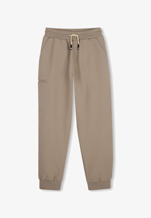 Beige joggingsbroek met elastische tailleband, trekkoord, zijzakken, een ritszak op het linkerbeen en elastische boorden bij de enkels.