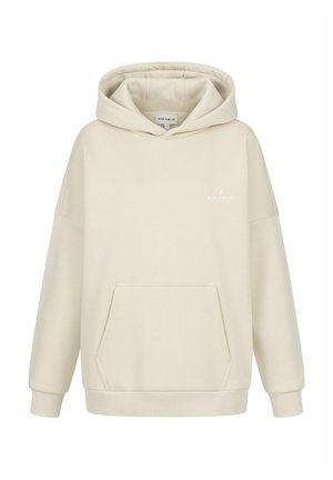 Beige Kapuzensweatshirt aus weichem Baumwollgemisch, mit einer Fronttasche und gerippten Bündchen, mit einem kleinen Logo auf der Brust gedruckt.