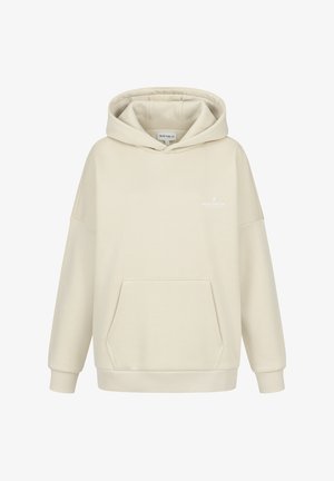 Beige Kapuzensweatshirt aus weichem Baumwollgemisch, mit einer Fronttasche und gerippten Bündchen, mit einem kleinen Logo auf der Brust gedruckt.
