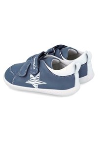 Blue leather shoes with white accents. Features a star design, Velcro strap, and a textured rubber sole. Rounded shape and low profile.