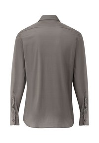 Camicia a maniche lunghe di grigio medio con una texture liscia, colletto classico e polsini abbottonati, caratterizzata da un retro semplice senza decorazioni.