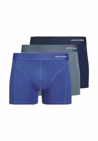 Three pairs of Jack & Jones boxer briefs in varying shades of blue, gray, and navy, featuring elastic waistbands with brand logo and stitching details.
