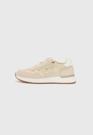 Beige sneaker with mesh and suede materials, featuring a platform sole, round toe, lace-up front, and side zipper detail.