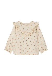 Cream long-sleeve top with floral print in brown. Features ruffle around the neckline and elasticized cuffs, made from soft cotton fabric.
