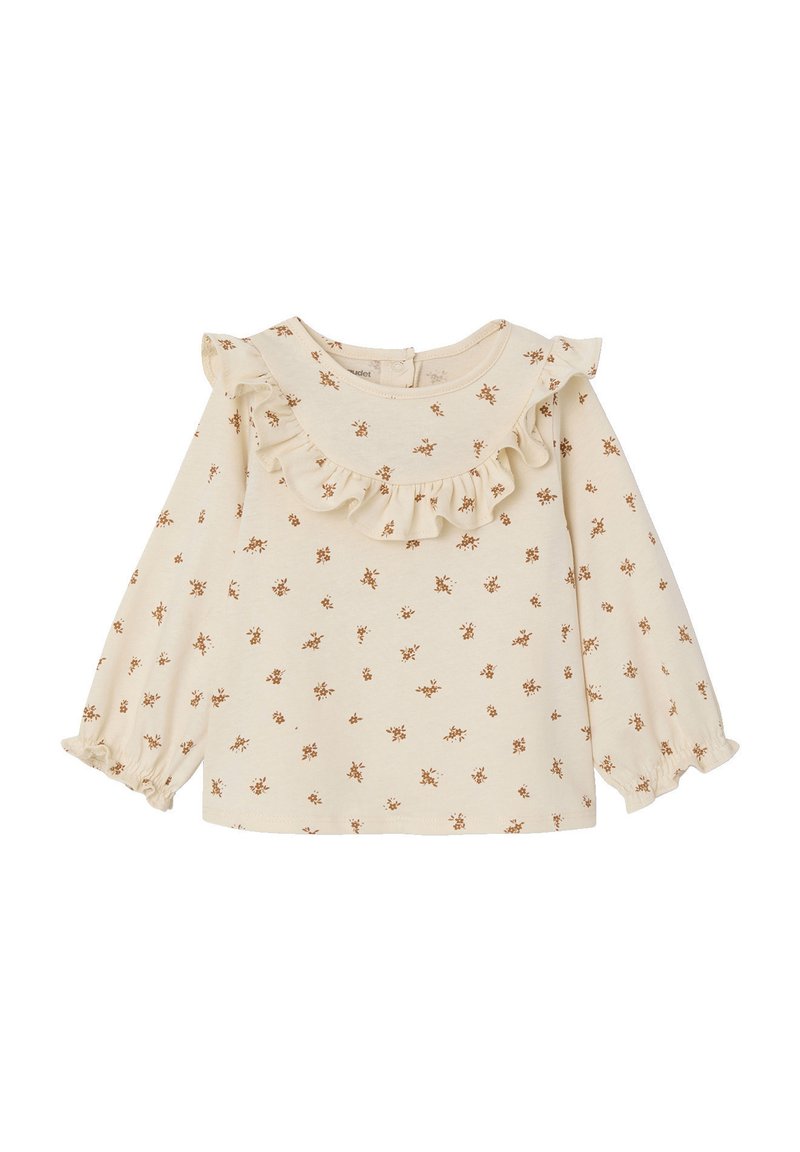 Cream long-sleeve top with floral print in brown. Features ruffle around the neckline and elasticized cuffs, made from soft cotton fabric.