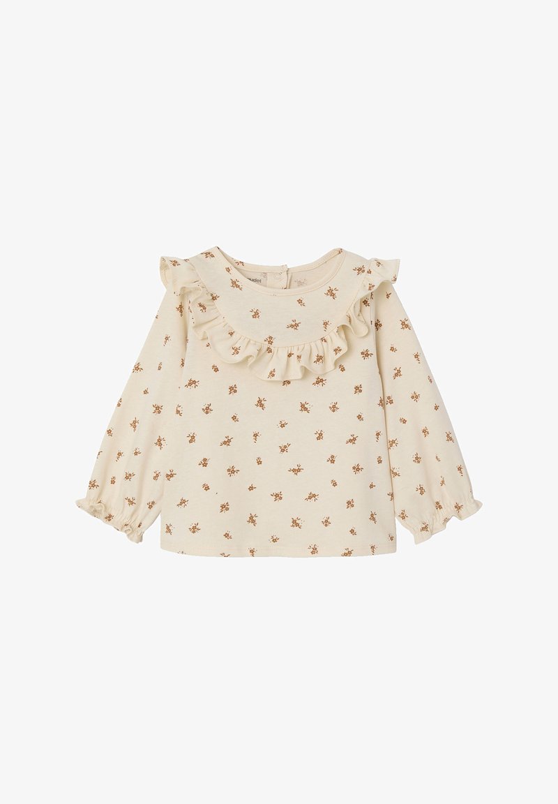 Cremfarbener Langarm-Top mit Blumenmuster in Braun. Verfügt über Rüschendetails am Ausschnitt und elastische Bündchen, aus weichem Baumwollstoff gefertigt.