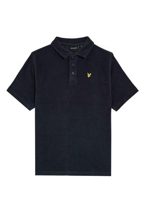 Polo noir à manches courtes avec trois boutons et un petit logo aigle jaune sur la poitrine gauche.