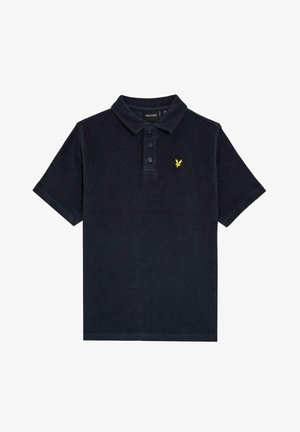 Polo nera a maniche corte con tre bottoni e un piccolo logo giallo con aquila sul petto sinistro.