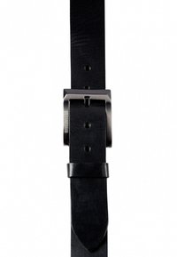 Black leather belt with a matte silver buckle, featuring multiple holes for adjustment and a pointed end. Simple, sturdy design with no patterns.