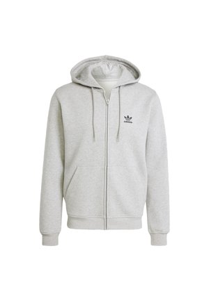 Grauer Reißverschluss-Hoodie aus weichem Material, ausgestattet mit einer Fronttasche, einer Kapuze mit Kordelzug und einem schwarzen Adidas-Logo auf der linken Brust.