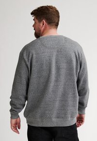Sudadera gris de manga larga, con cuello redondo, puños y dobladillo acanalados, hecha de una tela suave y texturizada. Presenta un ajuste relajado.