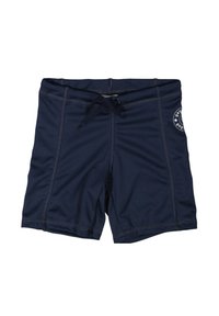 Marina-blå simbyxor tillverkade av lätt, snabbtorkande tyg. Har en justerbar dragsko i midjan och kontrasterande sömmar.