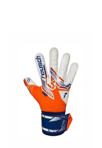 Guanto da portiere con palmo in lattice bianco, corpo in tessuto arancione, dettagli blu e una presa testurizzata. Presenta una chiusura forte al polso per supporto.