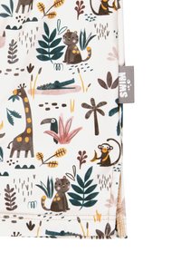 Baumwollstoff mit einem bunten Tier- und Pflanzenmuster, das ein Giraffe, einen Affen und ein Krokodil auf einem hellen Hintergrund zeigt.