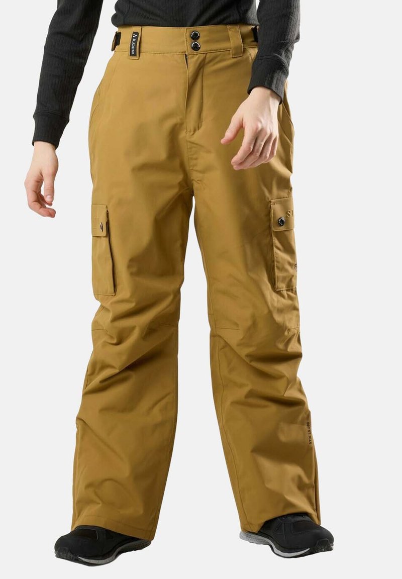 Wasserabweisende, Cargo-Style-Skipants in Beige, ausgestattet mit zwei seitlichen Taschen, Druckknopfverschlüssen und einer lockeren Passform für Bewegungsfreiheit.
