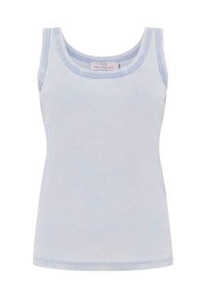 Hellblaues, geripptes ärmelloses Tanktop mit rundem Ausschnitt und kleinem Etikett innen am Kragen.