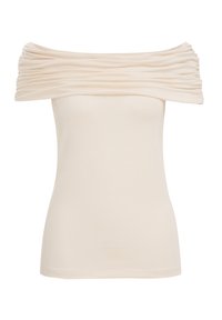 Maglietta crema off-the-shoulder con tessuto arricciato al collo, corpo aderente, texture liscia e maniche corte. Elegante per l'abbigliamento casual.