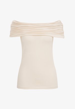 Off-the-shoulder creme top med samlet stof ved halsudskæringen, tætsiddende figursnit, glat tekstur og korte ærmer. Stilfuld til hverdag.