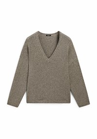 Pull à col en V, manches longues, couleur beige, texture tricotée, coupe ample, finitions côtelées aux poignets et à l'ourlet, design minimaliste sans motifs ni ornements.