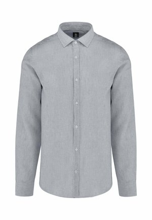 Męska koszula z długim rękawem zapinana na guziki, z cienkimi pionowymi szaro-białymi paskami i klasycznym kołnierzem.