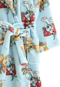 Light blue fleece robe featuring cartoon dogs in various poses. Includes a matching belt and a patch pocket on the front. Soft texture.