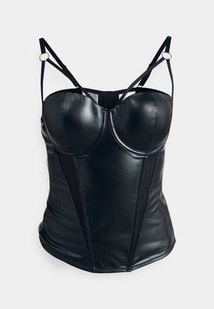 Schwarzes Kunstleder-Corsage-Top mit Unterdraht, Mesh-Paneelen und verstellbaren Trägern, die goldene Akzente und strukturierte Nähte aufweisen.